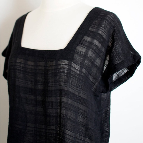 NEW Black Textured Cotton Gauze  Button Back Square Neck Tee, Made in USA - Picture 5 of 6